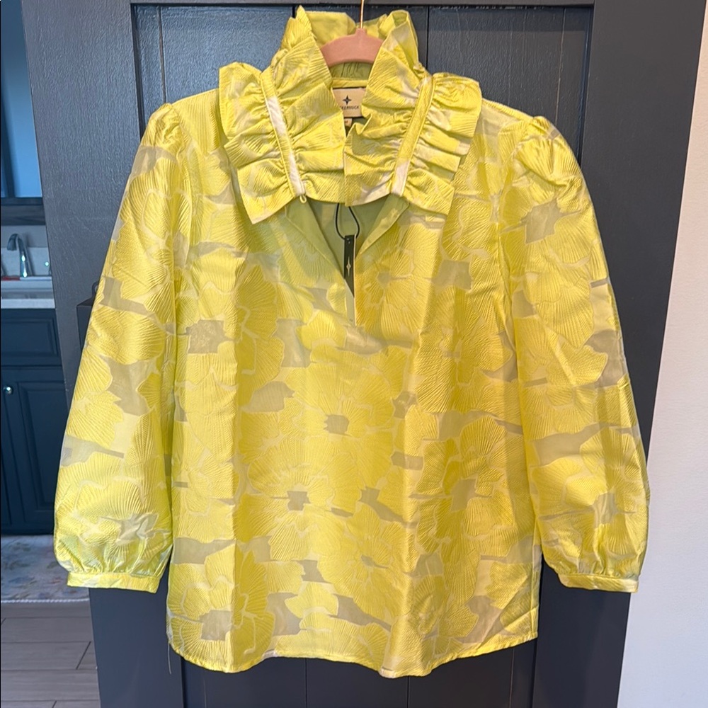 Tuckernuck Lime Yellow Floral Ruffle-Neck Blouse